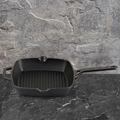 Cello Ironica Pre-Seasoned Cast Iron Grill Pan with Long Handle, 24 CM Black | No Chemical Coating & Toxin Free, Gas Stove & Induction Compatible Iron Grill Pan for Frying, Cooking | 5 Year Warranty