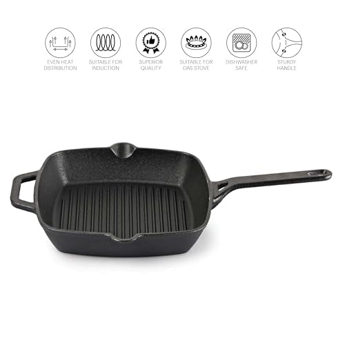 Cello Ironica Pre-Seasoned Cast Iron Grill Pan with Long Handle, 24 CM Black | No Chemical Coating & Toxin Free, Gas Stove & Induction Compatible Iron Grill Pan for Frying, Cooking | 5 Year Warranty