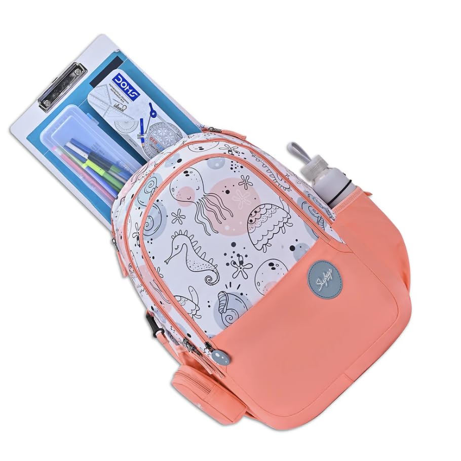 Skybags Ruby 01 School Backpack, Sea Life Pattern, Coral Pink, Multiple Compartments