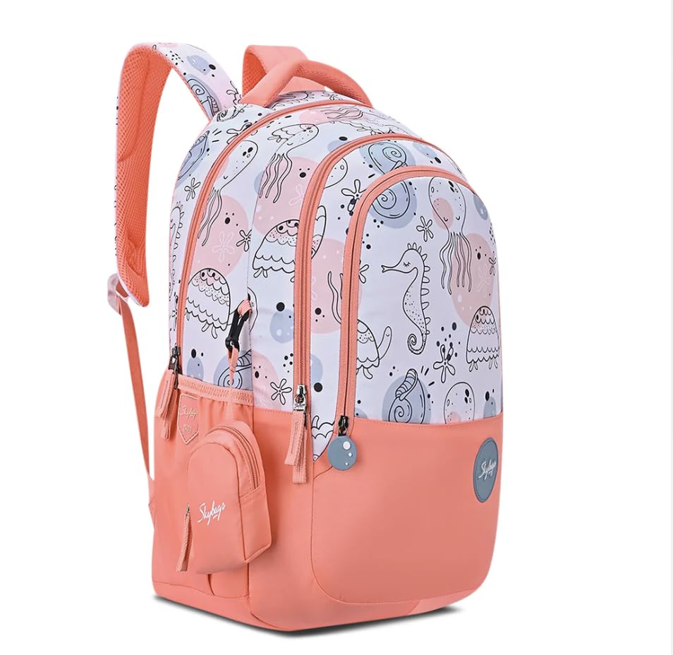 Skybags Ruby 01 School Backpack, Sea Life Pattern, Coral Pink, Multiple Compartments