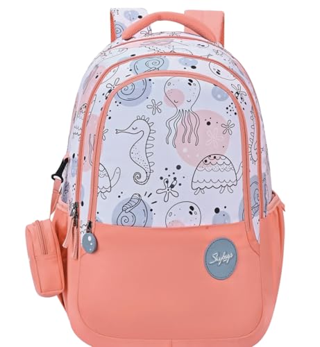 Skybags Ruby 01 School Backpack, Sea Life Pattern, Coral Pink, Multiple Compartments