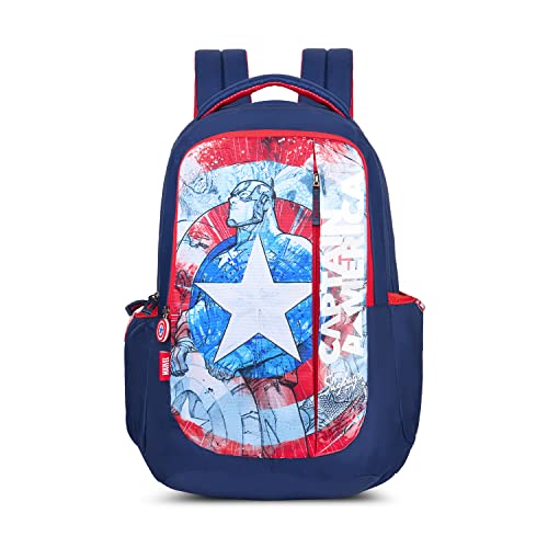 Skybags School Backpack 30L with Rain Cover, 3 Spacious Compartments, Quick Access Front Pocket, ID Tag & Captain America Marvel Print | Navy | Disney