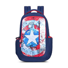 Skybags School Backpack 30L with Rain Cover, 3 Spacious Compartments, Quick Access Front Pocket, ID Tag & Captain America Marvel Print | Navy | Disney