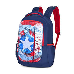 Skybags School Backpack 30L with Rain Cover, 3 Spacious Compartments, Quick Access Front Pocket, ID Tag & Captain America Marvel Print | Navy | Disney