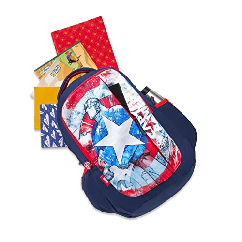 Skybags School Backpack 30L with Rain Cover, 3 Spacious Compartments, Quick Access Front Pocket, ID Tag & Captain America Marvel Print | Navy | Disney