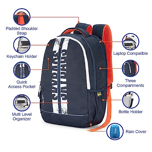 Skybags Strider Pro 27 Liters Backpack with 17 Inch Laptop Compatible for Men & Women, Rain Cover, Side Bottle Pockets, Adjustable Shoulder Strap & Padded Back with Air Mesh