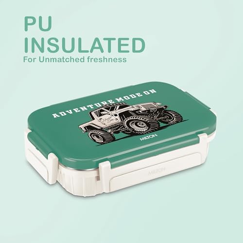 MILTON Meal Safe 2 Inner Stainless Steel Tiffin Box for School with Steam Release Plug | PU Insulated, Leak-Proof, Food Grade I Lunch Box for Kids Boys, Girls with Snap Lock Lid, 465 ml, Ivory