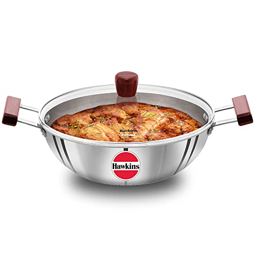 Hawkins 2.5 Litre Deep Fry Pan, Triply Stainless Steel Kadai with Glass Lid, Flat Bottom Induction Kadhai, Silver (SSD25G)