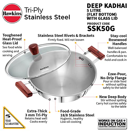 Hawkins 2.5 Litre Deep Fry Pan, Triply Stainless Steel Kadai with Glass Lid, Flat Bottom Induction Kadhai, Silver (SSD25G)