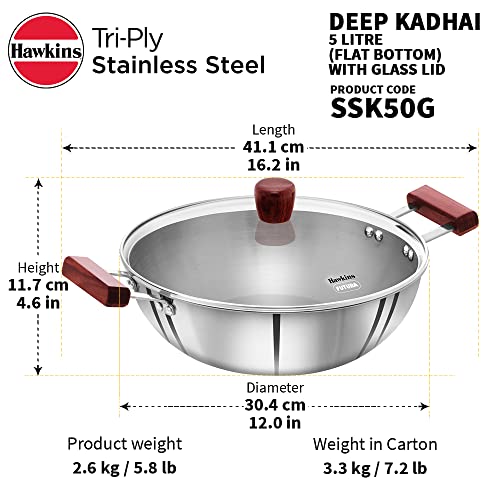 Hawkins 2.5 Litre Deep Fry Pan, Triply Stainless Steel Kadai with Glass Lid, Flat Bottom Induction Kadhai, Silver (SSD25G)