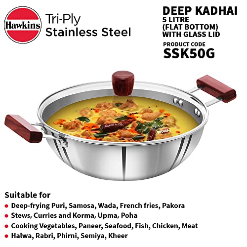 Hawkins 2.5 Litre Deep Fry Pan, Triply Stainless Steel Kadai with Glass Lid, Flat Bottom Induction Kadhai, Silver (SSD25G)