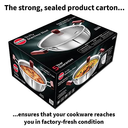 Hawkins 2.5 Litre Deep Fry Pan, Triply Stainless Steel Kadai with Glass Lid, Flat Bottom Induction Kadhai, Silver (SSD25G)