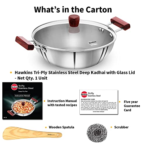 Hawkins 2.5 Litre Deep Fry Pan, Triply Stainless Steel Kadai with Glass Lid, Flat Bottom Induction Kadhai, Silver (SSD25G)