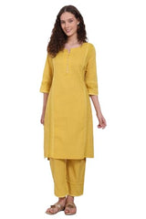 W for Woman Yellow Embroidered Pure Cotton Straight Kurta and Pants Co-ord Set