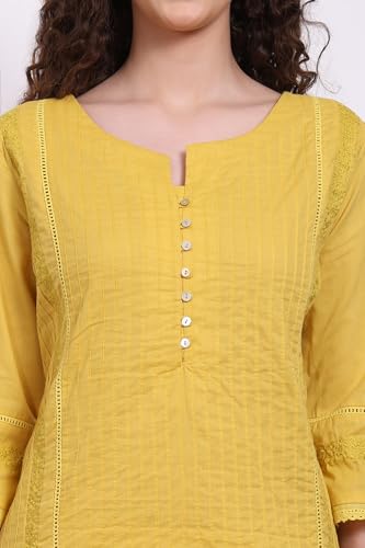 W for Woman Yellow Embroidered Pure Cotton Straight Kurta and Pants Co-ord Set