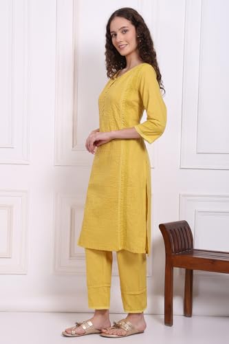 W for Woman Yellow Embroidered Pure Cotton Straight Kurta and Pants Co-ord Set