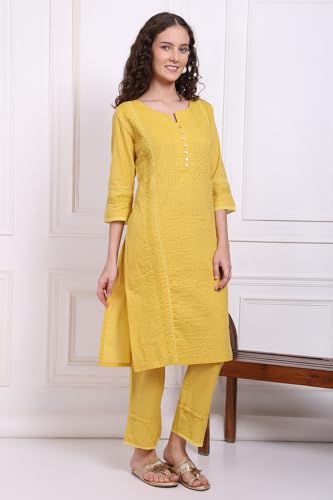 W for Woman Yellow Embroidered Pure Cotton Straight Kurta and Pants Co-ord Set