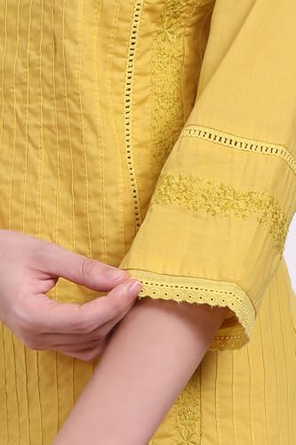 W for Woman Yellow Embroidered Pure Cotton Straight Kurta and Pants Co-ord Set