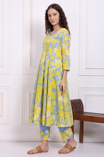 W for Woman Blue Bold Floral Printed Pure Cotton Flared Kurta, Straight Pants and Dupatta Set