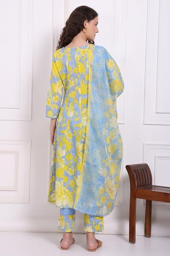 W for Woman Blue Bold Floral Printed Pure Cotton Flared Kurta, Straight Pants and Dupatta Set