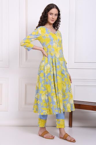 W for Woman Blue Bold Floral Printed Pure Cotton Flared Kurta, Straight Pants and Dupatta Set