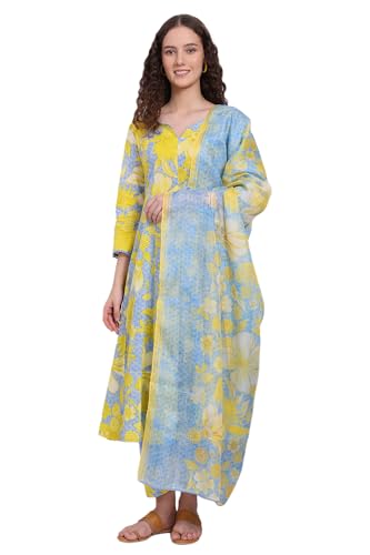 W for Woman Blue Bold Floral Printed Pure Cotton Flared Kurta, Straight Pants and Dupatta Set