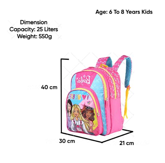 STRIDERS Barbie School Bag for Kids  Stylish, Lightweight Backpack with Padded Comfortable Straps & Spacious Compartments  Perfect for School & Travel  Ideal for Age 6 Years  16 inches