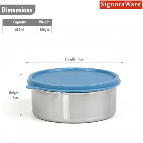 SignoraWare Mini Brunch Stainless Steel Container | Airtight & Leakproof Lid | Microwave & Dishwasher Safe | Compact & Lightweight | Ideal for Office, School, Picnics & Travelling (650ml | EBlue)