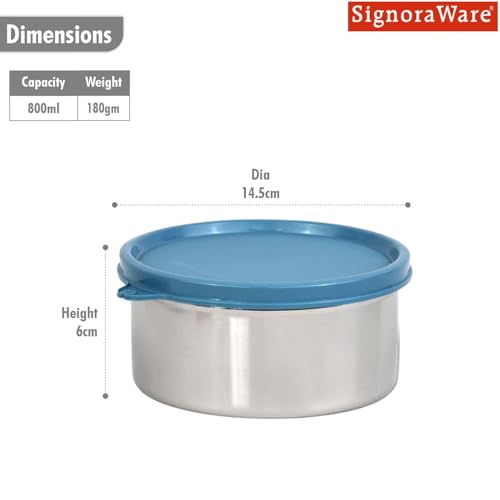 SignoraWare Store Well Stainless Steel Container | Airtight & Leakproof | Microwave Safe | Durable & Compact | Ideal for Carrying Meal, Snacks & Salads | Best for Office & Outdoors (800ml | EBlue)