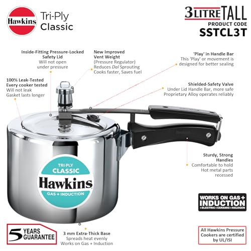 Hawkins Triply 3 Litre Classic Pressure Cooker, Triply Stainless Steel Induction Inner Lid & Tall Design Cooker, Silver (SSTCL3T)