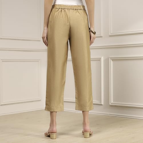 Biba Women Beige Viscose Rayon Fitted Solid Pants