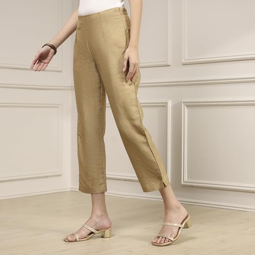Biba Women Beige Viscose Rayon Fitted Solid Pants