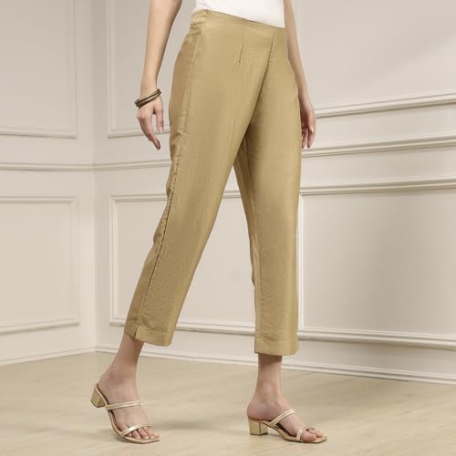 Biba Women Beige Viscose Rayon Fitted Solid Pants