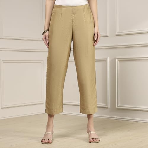 Biba Women Beige Viscose Rayon Fitted Solid Pants