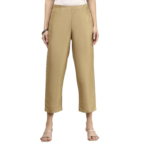 Biba Women Beige Viscose Rayon Fitted Solid Pants