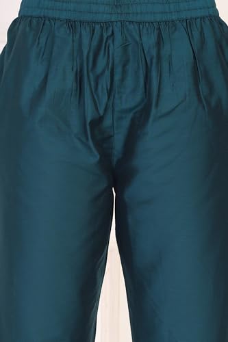 W for Woman Turquoise Embroidered Zari Sequined Straight Silk Blend Kurta with Straight Pant and Dupatta Set