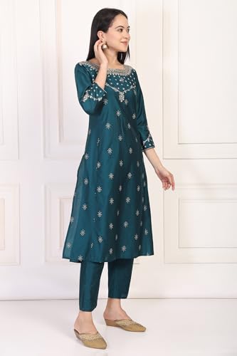 W for Woman Turquoise Embroidered Zari Sequined Straight Silk Blend Kurta with Straight Pant and Dupatta Set