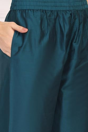 W for Woman Turquoise Embroidered Zari Sequined Straight Silk Blend Kurta with Straight Pant and Dupatta Set