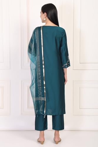 W for Woman Turquoise Embroidered Zari Sequined Straight Silk Blend Kurta with Straight Pant and Dupatta Set