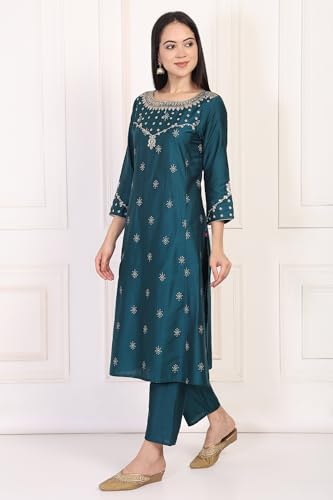 W for Woman Turquoise Embroidered Zari Sequined Straight Silk Blend Kurta with Straight Pant and Dupatta Set