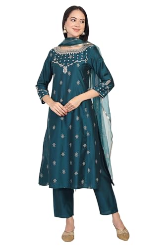 W for Woman Turquoise Embroidered Zari Sequined Straight Silk Blend Kurta with Straight Pant and Dupatta Set