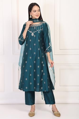 W for Woman Turquoise Embroidered Zari Sequined Straight Silk Blend Kurta with Straight Pant and Dupatta Set