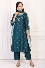 W for Woman Turquoise Embroidered Zari Sequined Straight Silk Blend Kurta with Straight Pant and Dupatta Set