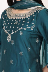 W for Woman Turquoise Embroidered Zari Sequined Straight Silk Blend Kurta with Straight Pant and Dupatta Set