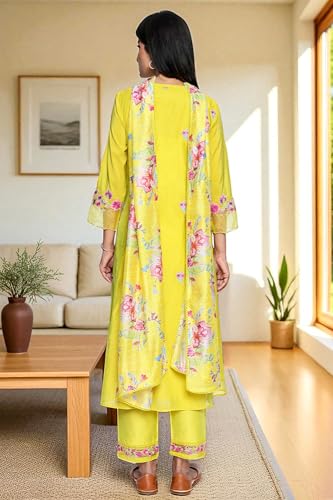 W for Woman Floral Embroidered Flared Chanderi Kurta with Straight Pant and Dupatta Set - Yellow
