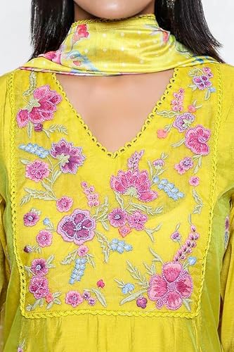 W for Woman Floral Embroidered Flared Chanderi Kurta with Straight Pant and Dupatta Set - Yellow