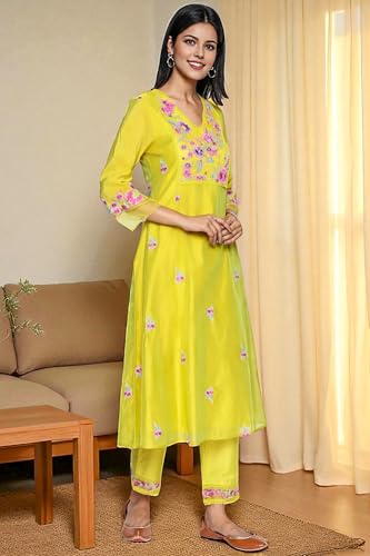 W for Woman Floral Embroidered Flared Chanderi Kurta with Straight Pant and Dupatta Set - Yellow