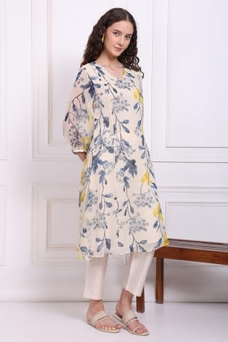 W for Woman Ecru Floral Printed Chiffon Flared Kurta, Pants and Dupatta Set