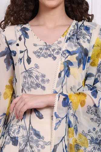 W for Woman Ecru Floral Printed Chiffon Flared Kurta, Pants and Dupatta Set