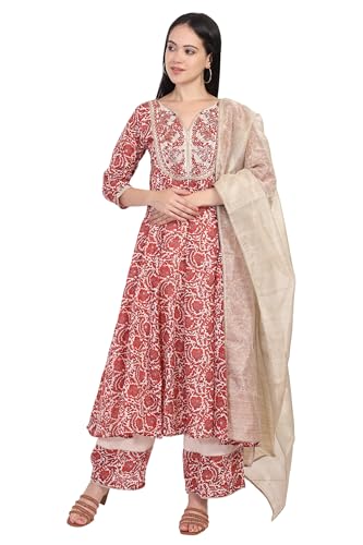 W for Woman Red Floral Print Zari Embroidered Anarkali Kurta with Palazzo and Dupatta Set